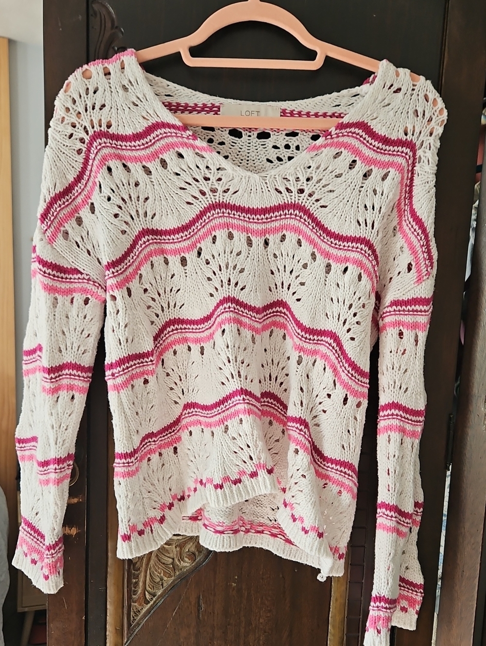 LOFT Cream Open-Weave V-Neck Sweater with Pink Stripes